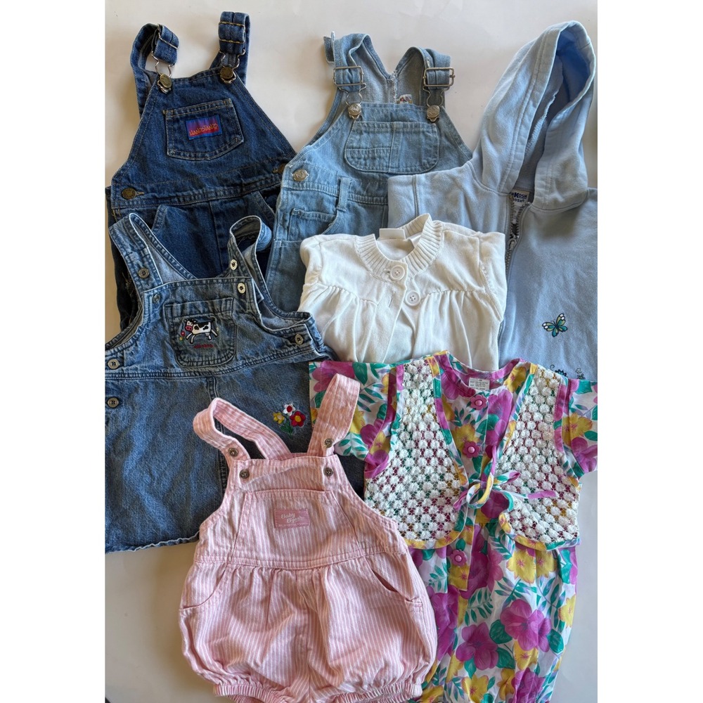 Vintage Baby Girl OshKosh B'gosh Denim Overalls Bubble Romper Bundle Lot 18M 7PC